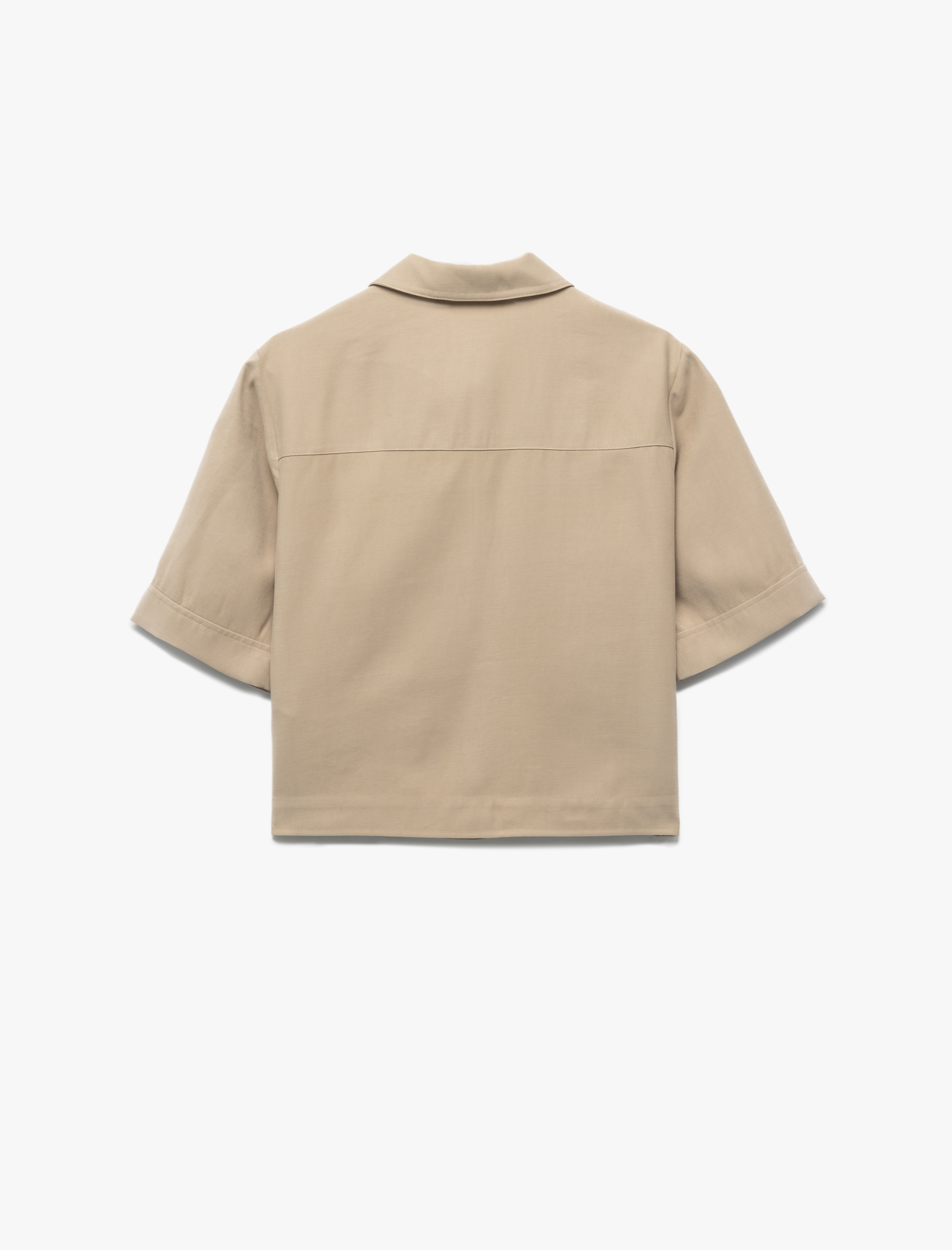   Viskon Cupro Kumaş Düğmeli Cep Detaylı Kısa Kollu Polo Yaka Crop Tişört