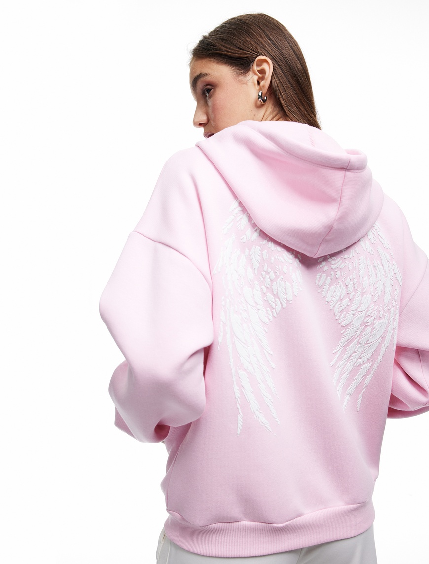  Baskılı Uzun Kollu Şardonlu Kanguru Cepli Fermuarlı Sweatshirt
