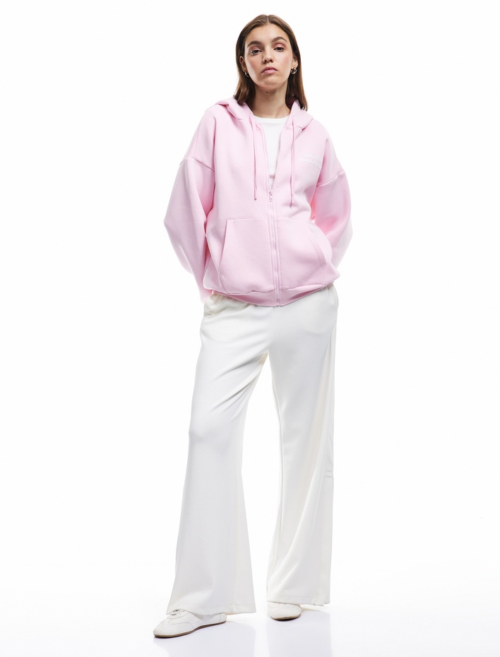  Baskılı Uzun Kollu Şardonlu Kanguru Cepli Fermuarlı Sweatshirt