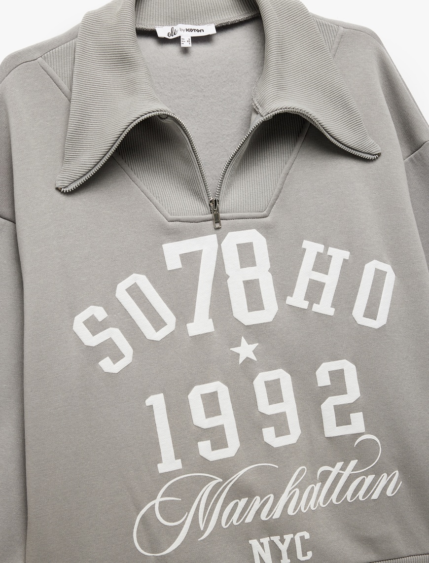   Baskılı Uzun Kollu Şardonlu Yarım Fermuarlı Sweatshirt