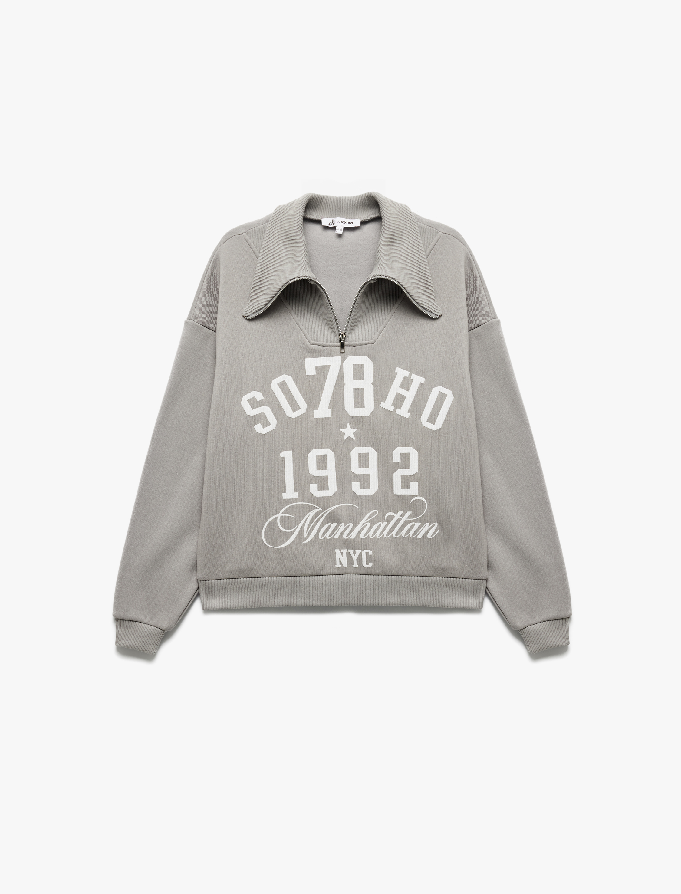   Baskılı Uzun Kollu Şardonlu Yarım Fermuarlı Sweatshirt