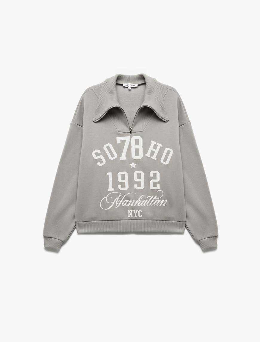  Baskılı Uzun Kollu Şardonlu Yarım Fermuarlı Sweatshirt
