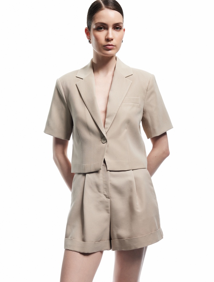  Viskon Cupro Kumaş Düğmeli Kruvaze Crop Kısa Kollu Blazer Ceket