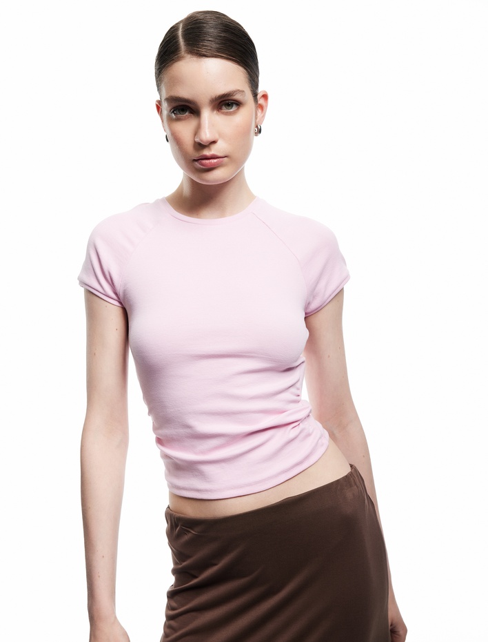  Pamuklu Slim Fit Kısa Kollu Bisiklet Yaka Basic Crop Tişört