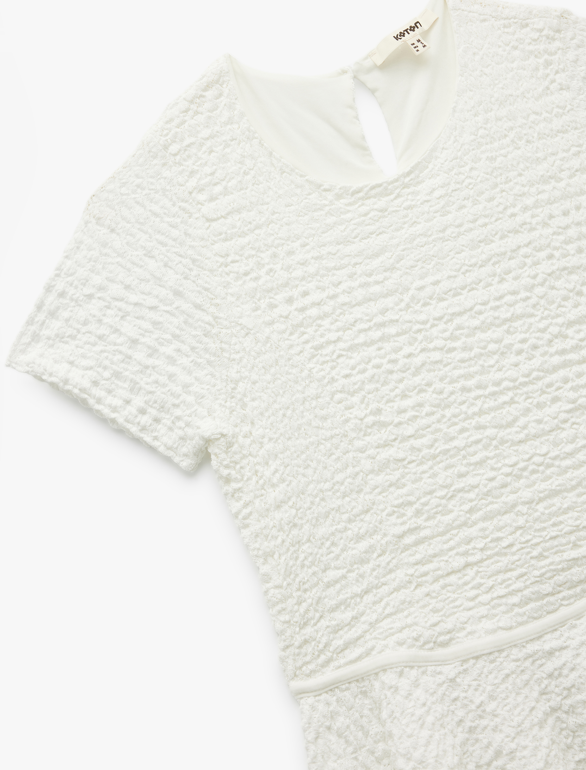   Bürümcük Kumaş Dokulu Kısa Kollu Bisiklet Yaka Peplum Bluz