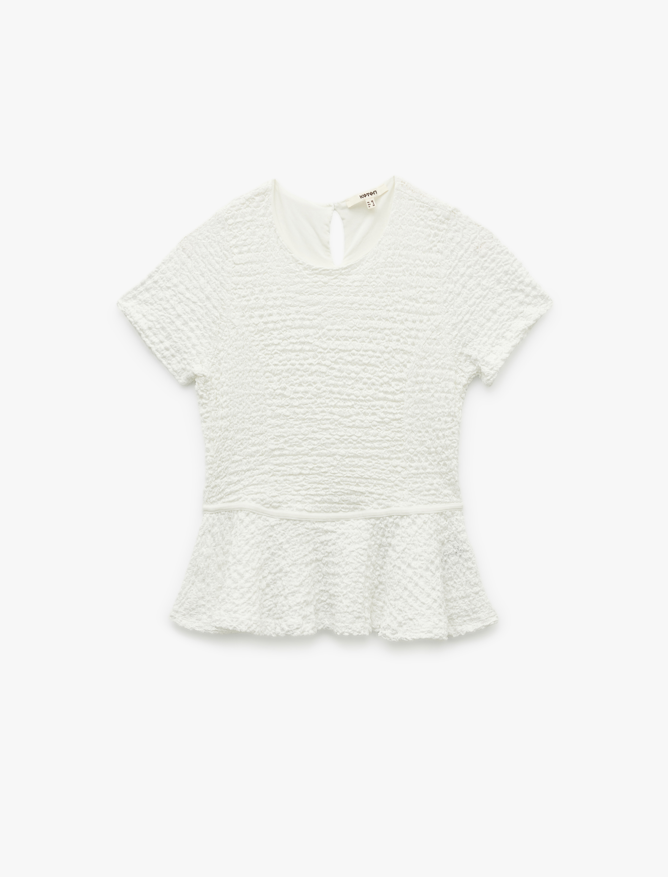   Bürümcük Kumaş Dokulu Kısa Kollu Bisiklet Yaka Peplum Bluz