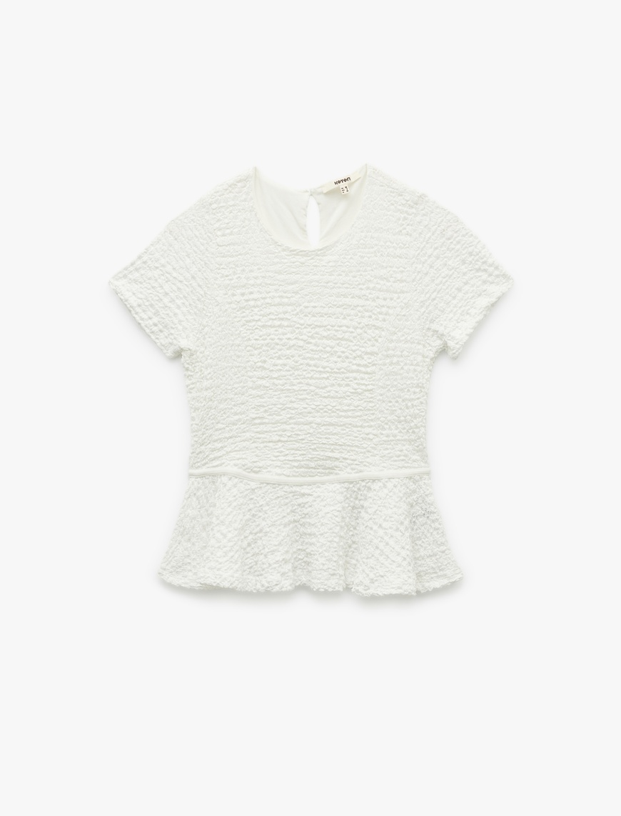   Bürümcük Kumaş Dokulu Kısa Kollu Bisiklet Yaka Peplum Bluz