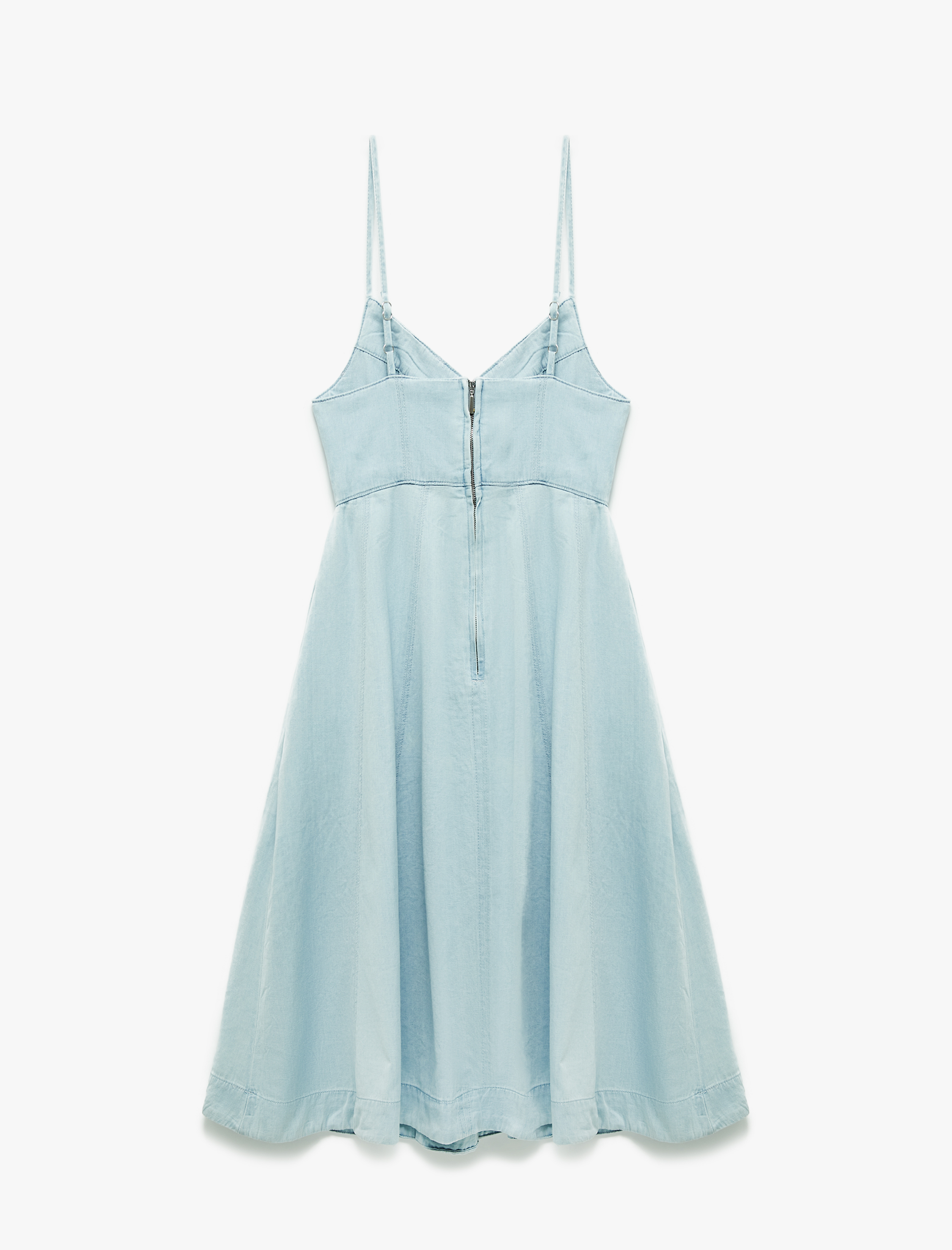   V Yaka İp Askılı Volanlı Dikiş Detaylı Midi Denim Elbise