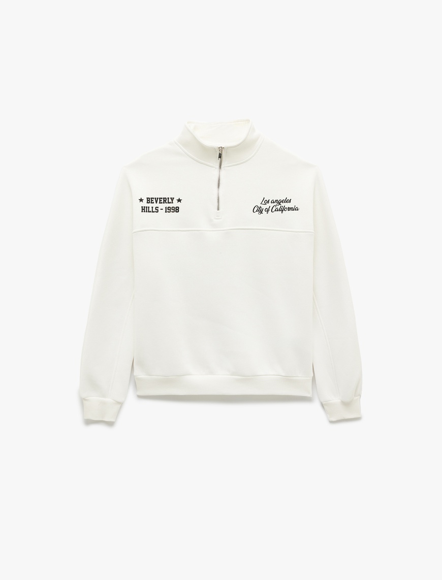   Şardonlu Uzun Kollu Arkası Baskılı Yarım Fermuarlı Sweatshirt