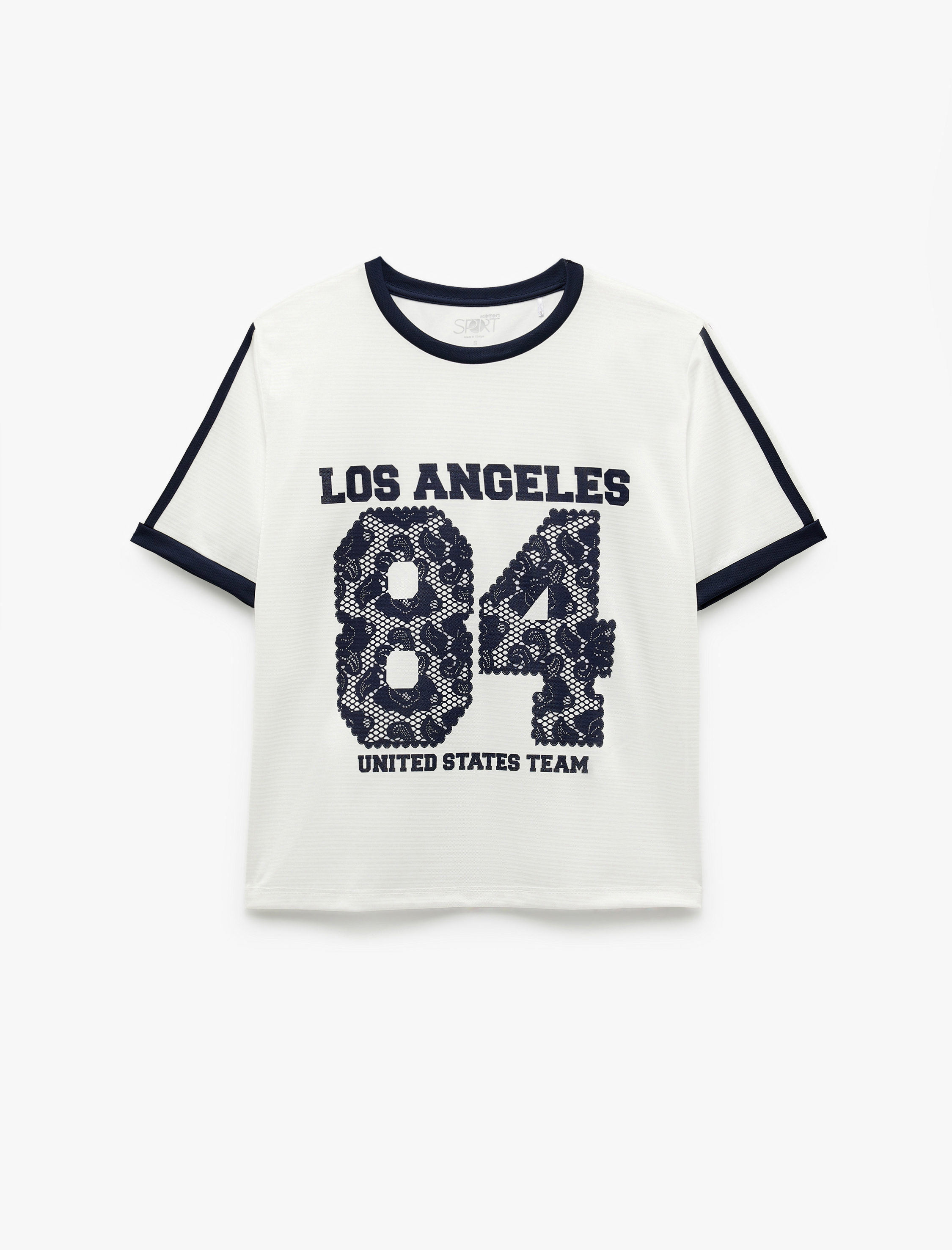   Kısa Kollu Bisiklet Yaka Çizgili Rahat Kalıp Baskılı Spor Tişört