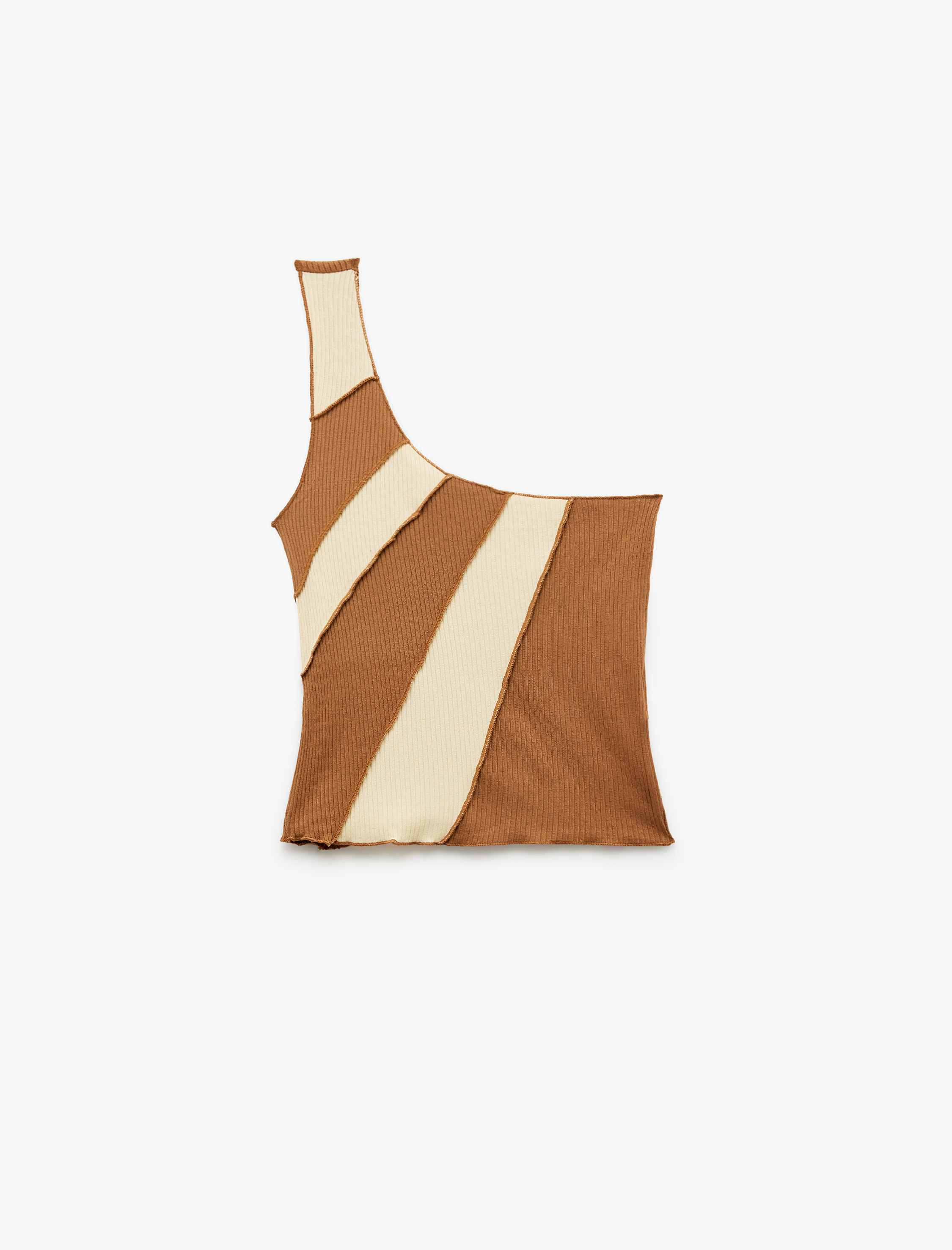   Viskon Kumaş Renk Kontrastlı Dikiş Detaylı Tek Omuz Bluz