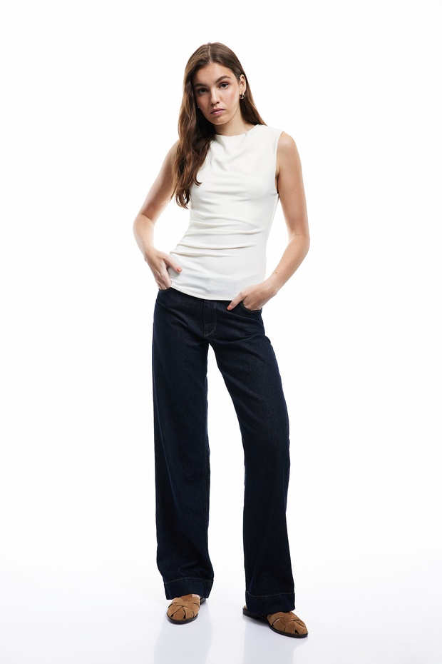  Kolsuz Bisiklet Yaka Slim Fit Drapeli Bluz