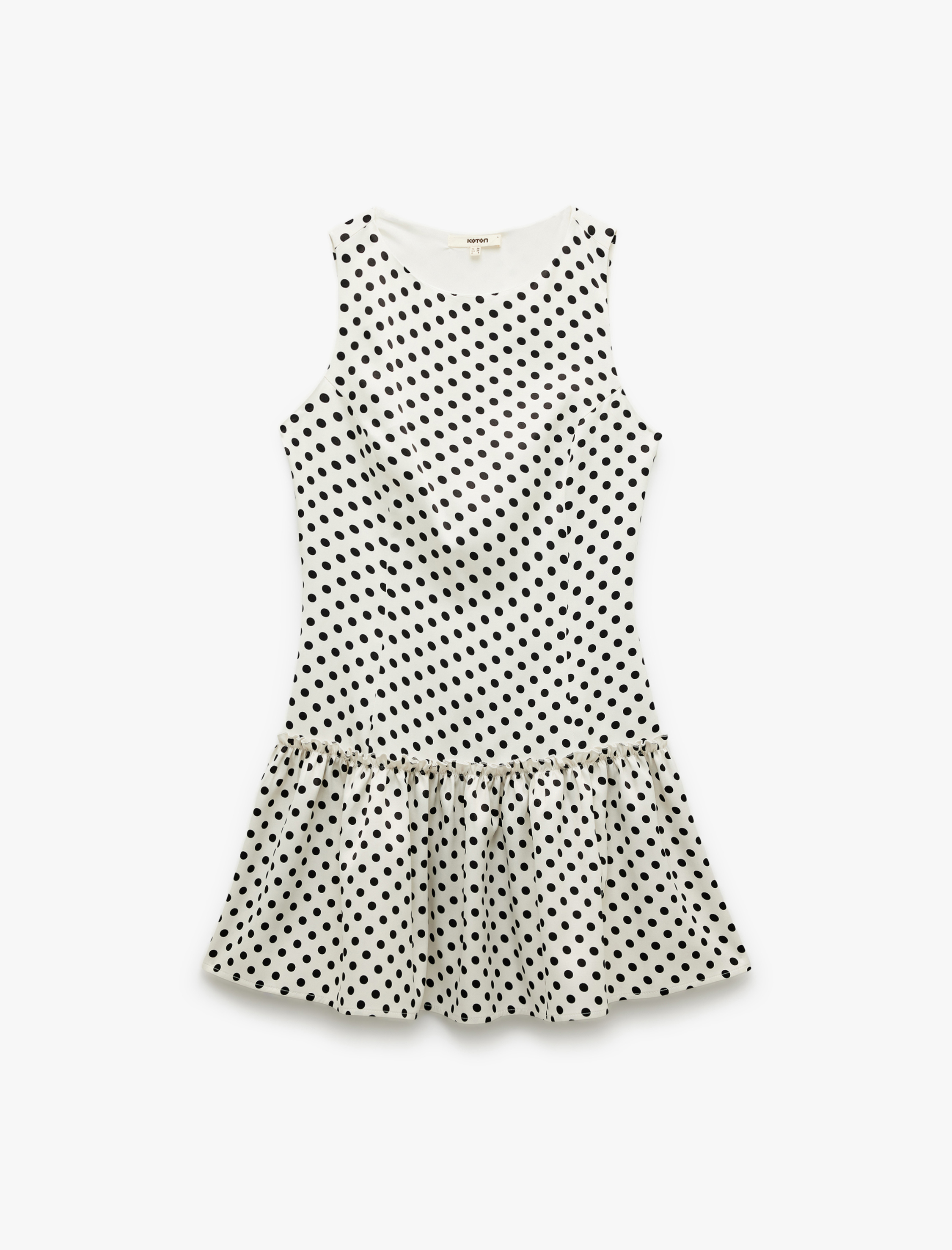   Viskon Kumaş Kolsuz Bisiklet Yaka Fırfırlı Mini Puantiyeli Elbise