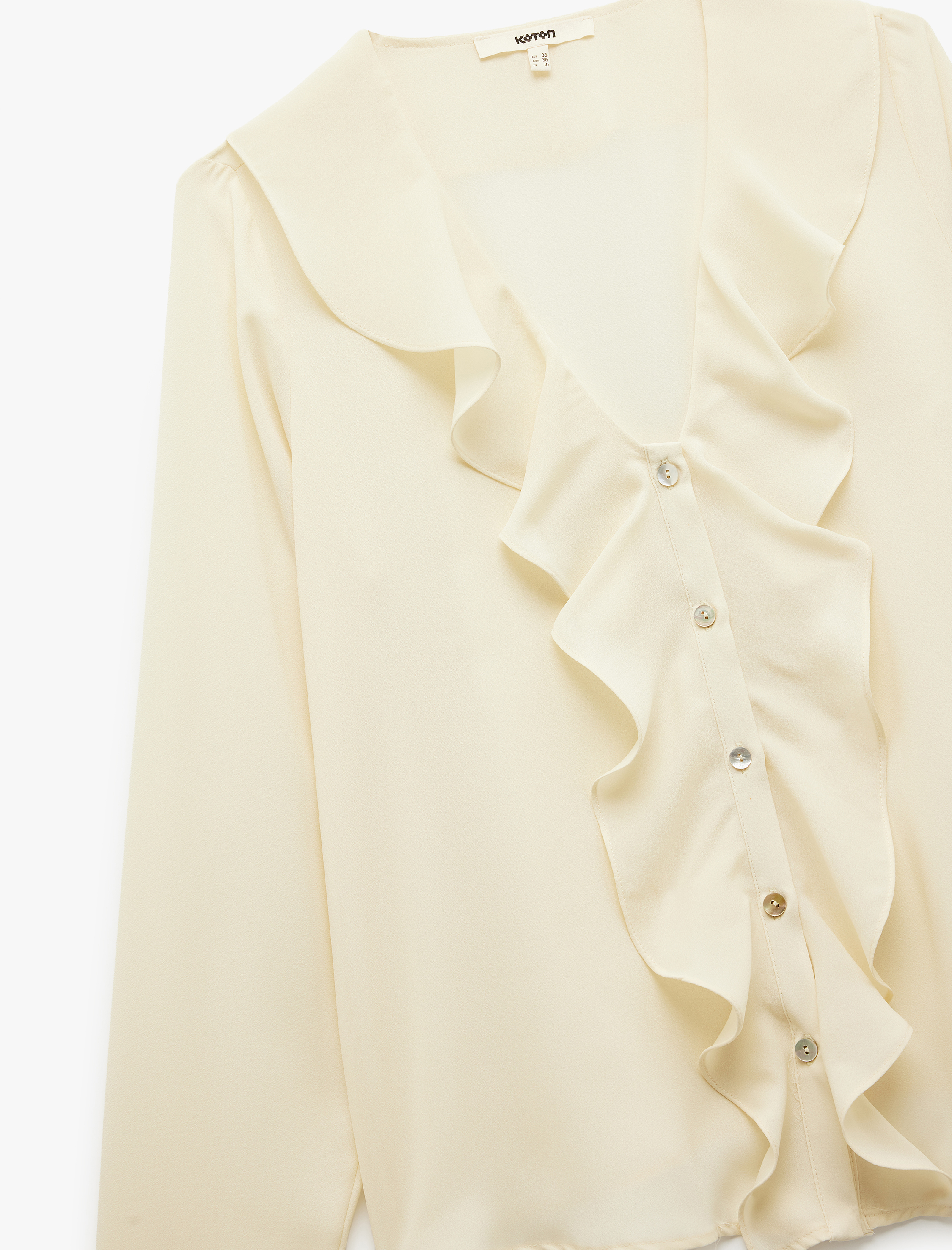   Krep Kumaş Uzun Kollu V Yaka Volümlü Fırfırlı Gömlek