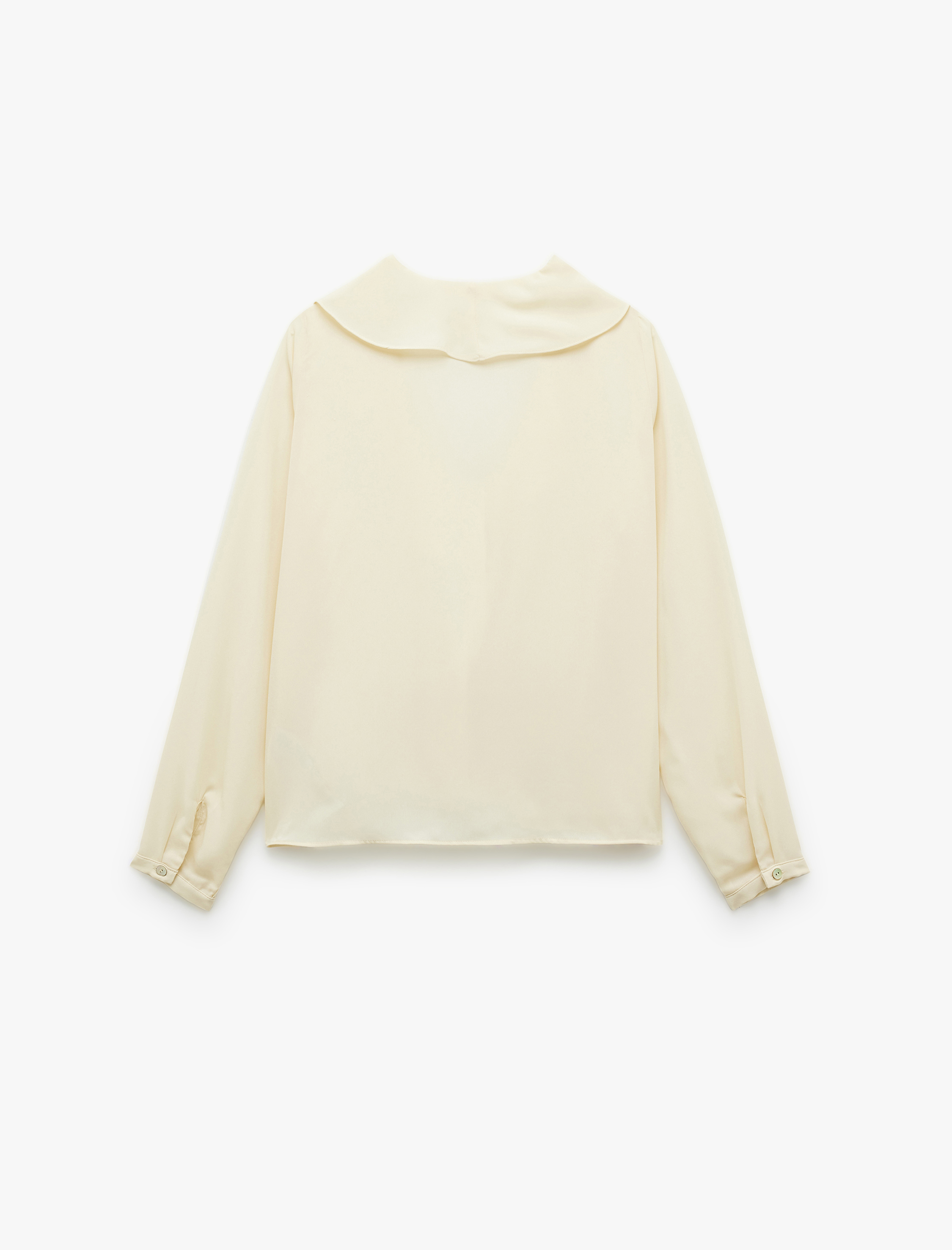   Krep Kumaş Uzun Kollu V Yaka Volümlü Fırfırlı Gömlek