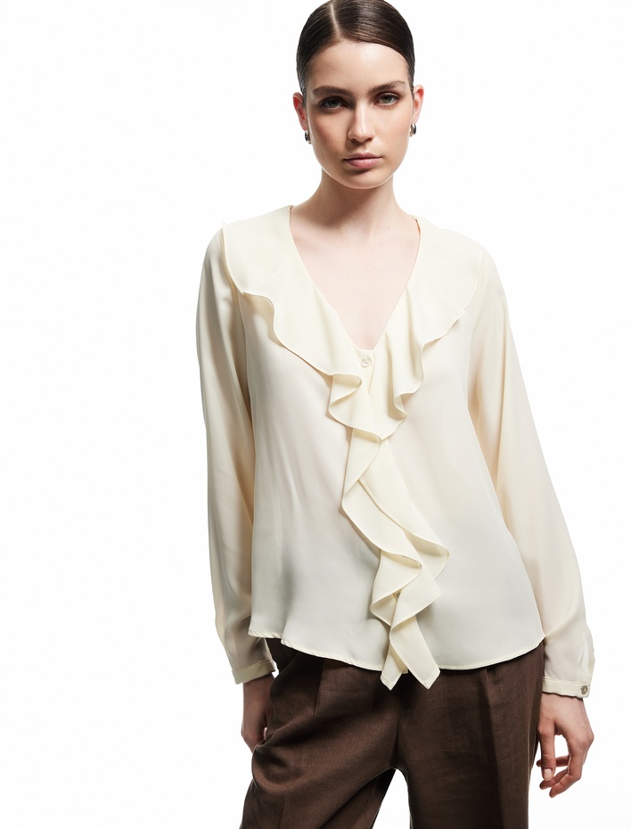  Krep Kumaş Uzun Kollu V Yaka Volümlü Fırfırlı Gömlek