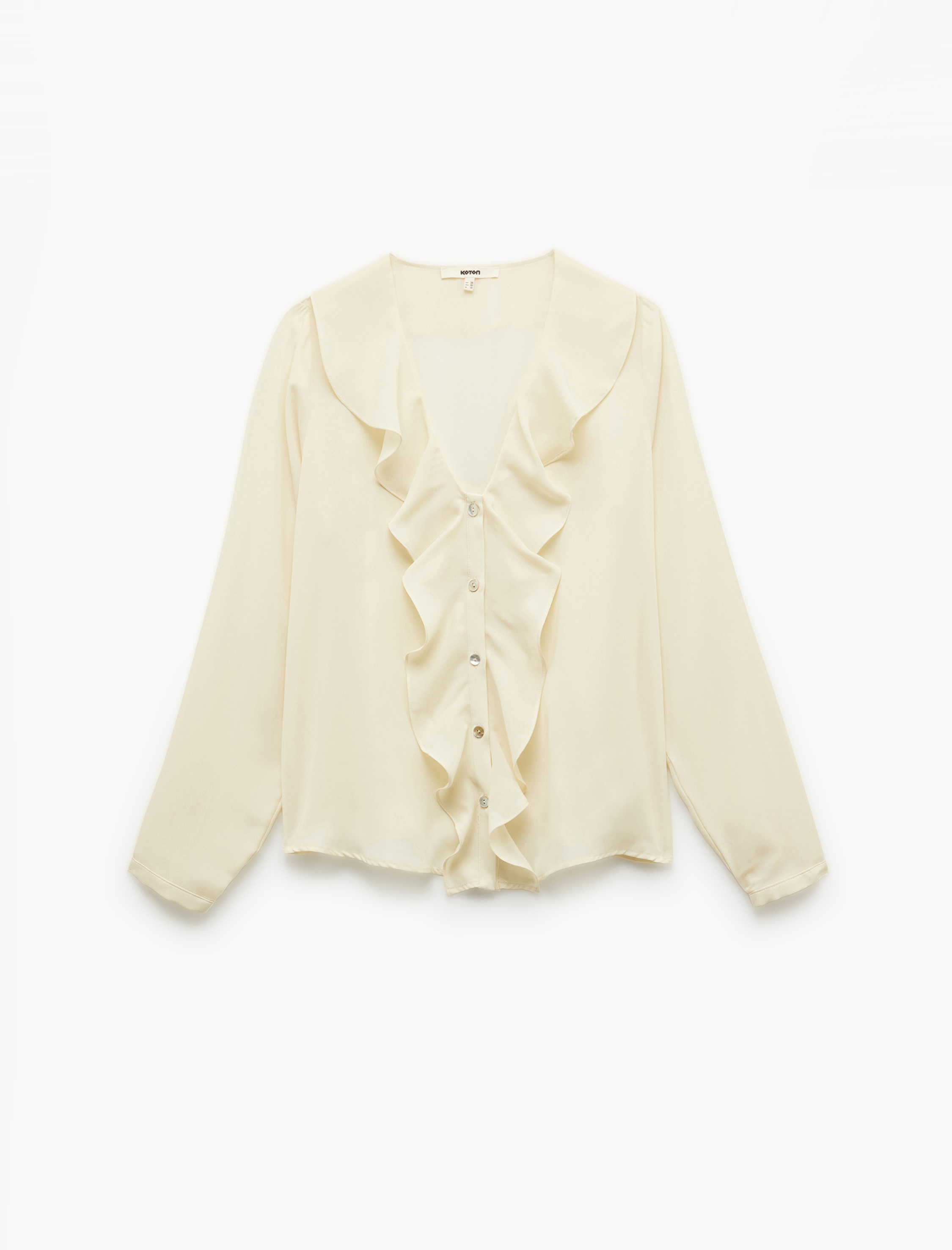   Krep Kumaş Uzun Kollu V Yaka Volümlü Fırfırlı Gömlek