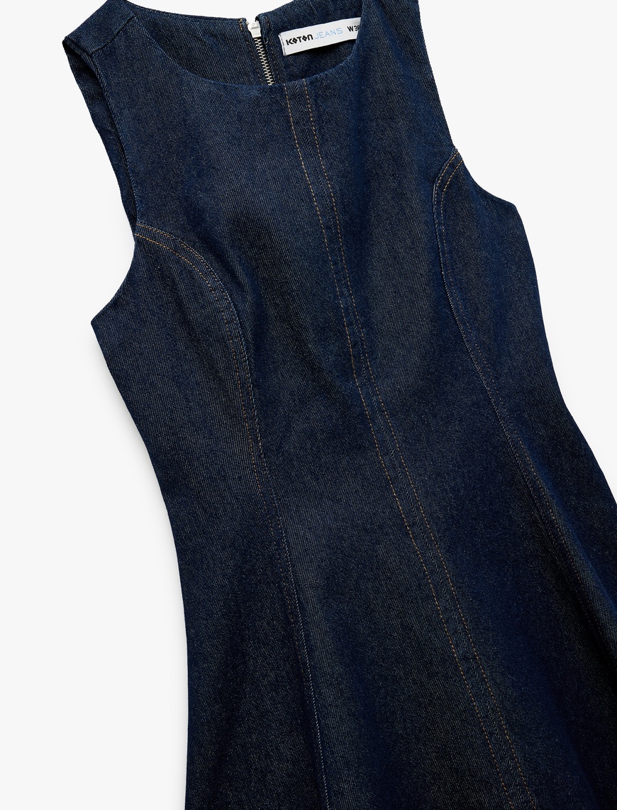   Pamuklu Kolsuz Bisiklet Yaka Mini Denim Elbise