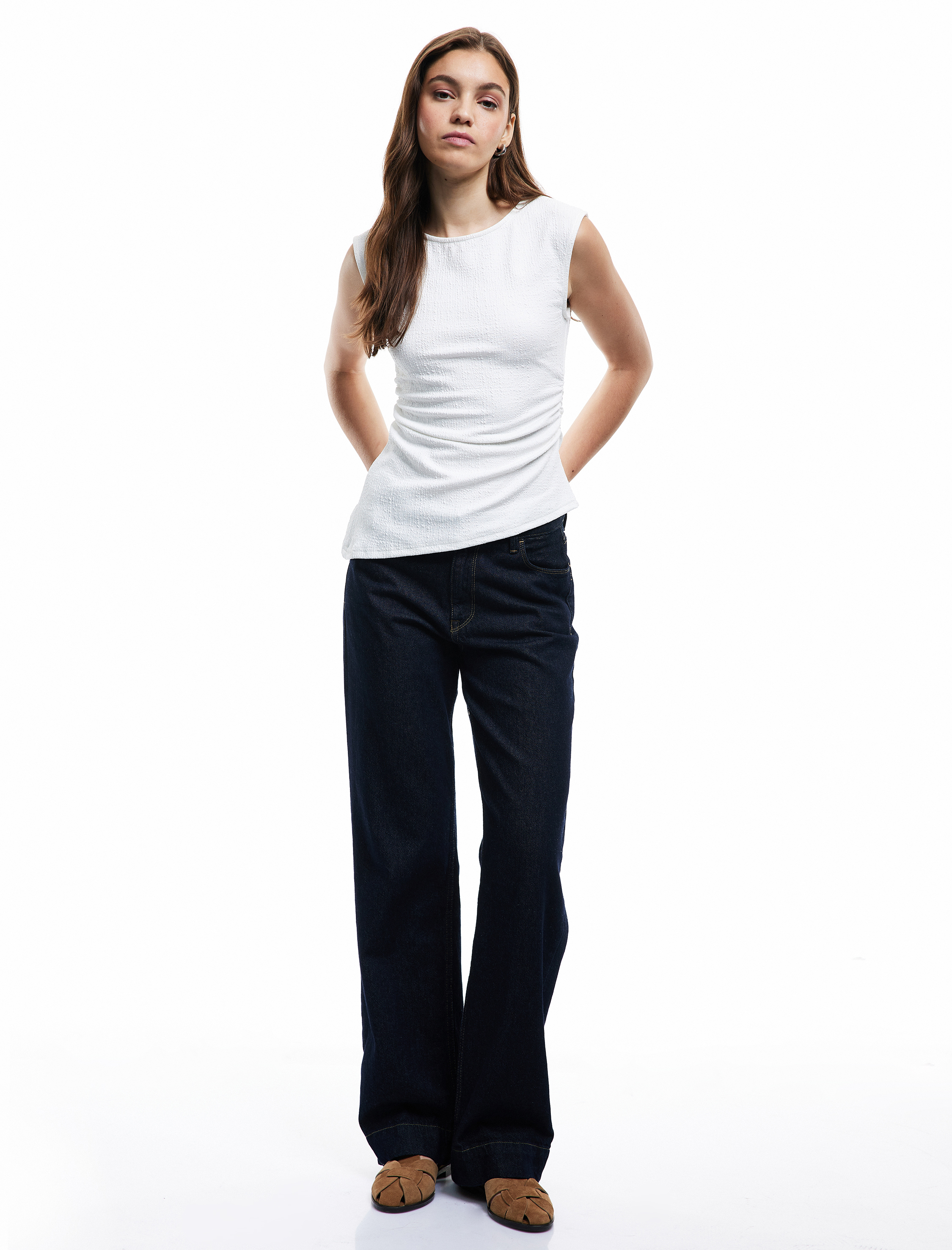   Asimetrik Bisiklet Yaka Bürümcük Dar Kesim Drapeli Kolsuz Bluz