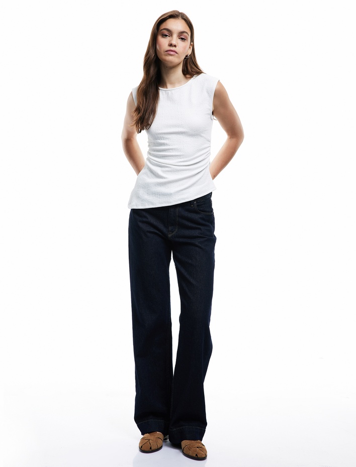  Asimetrik Bisiklet Yaka Bürümcük Dar Kesim Drapeli Kolsuz Bluz