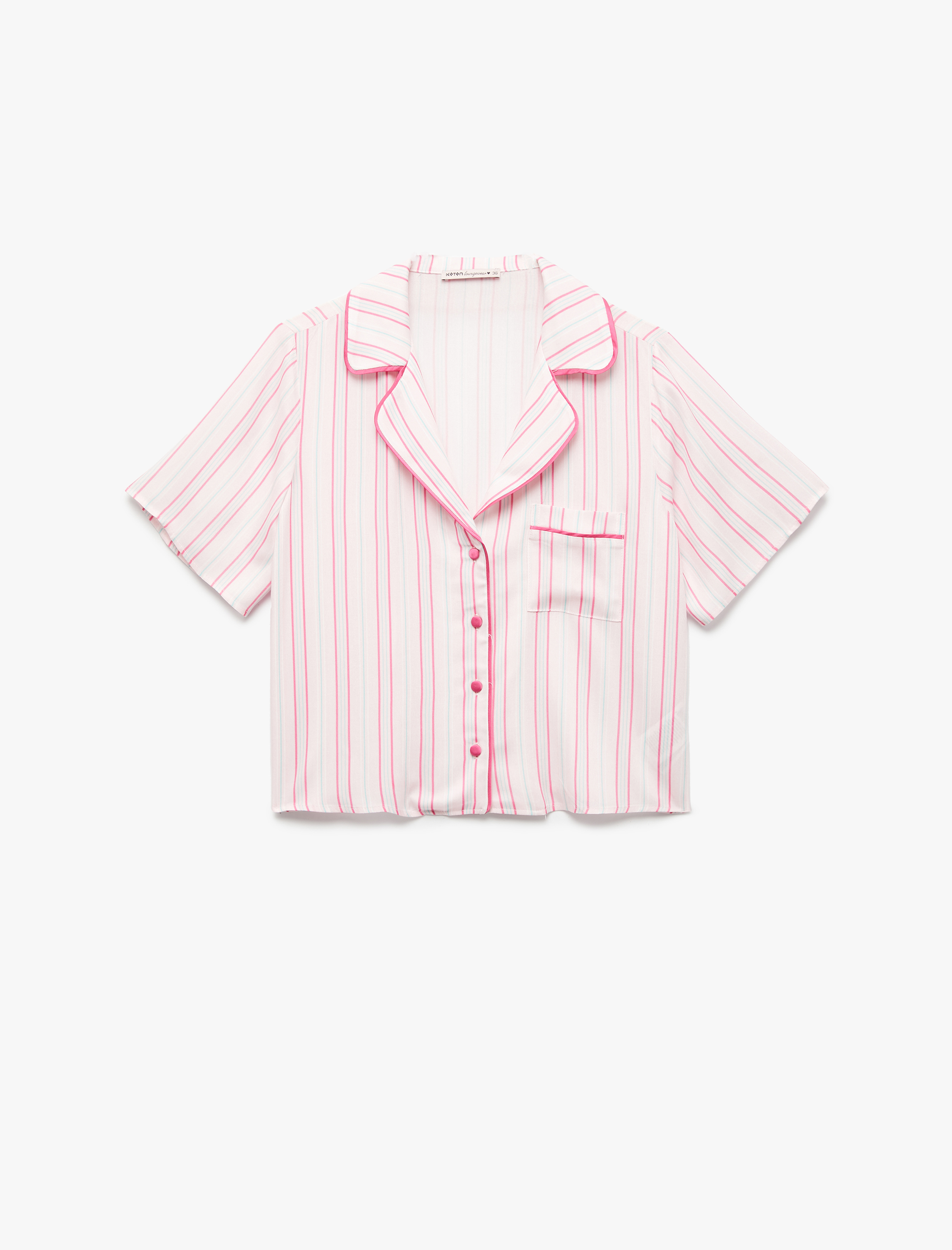   Viskon Kumaş Cepli Kısa Kollu Gömlek Yaka Pijama Üstü