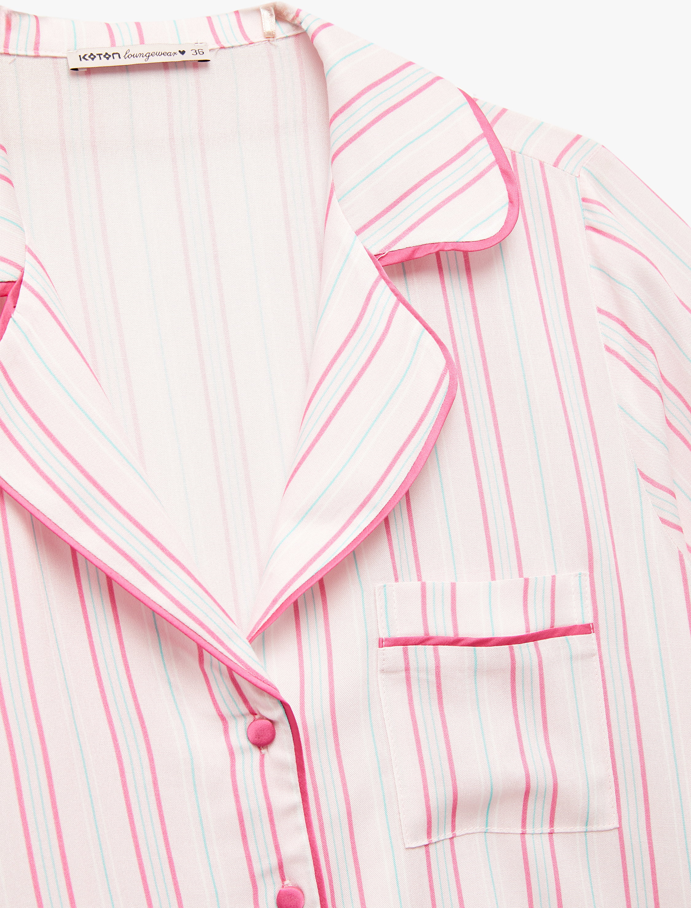   Viskon Kumaş Cepli Kısa Kollu Gömlek Yaka Pijama Üstü