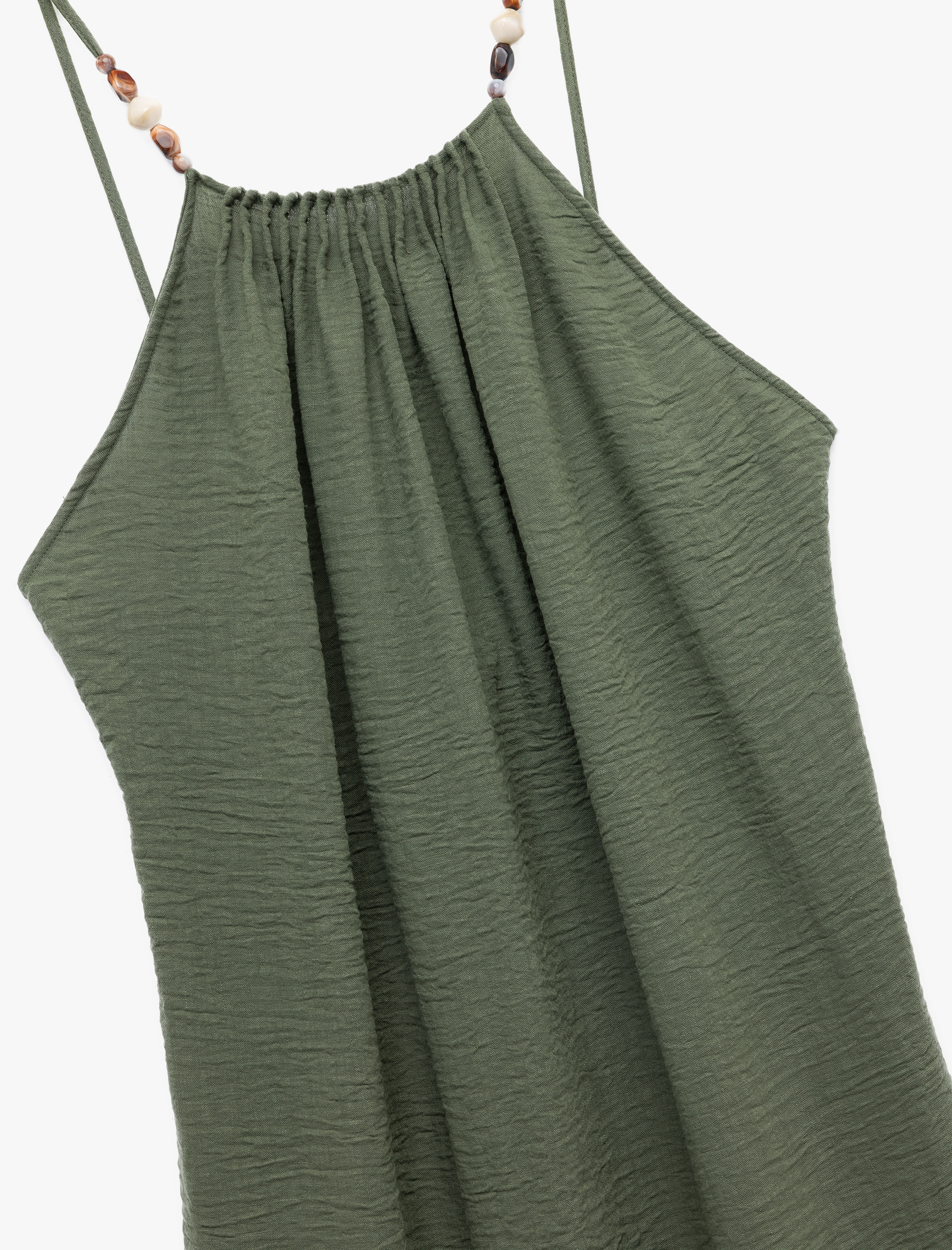   Boncuk Detaylı İnce Askılı Halter Yaka Uzun Plaj Elbisesi