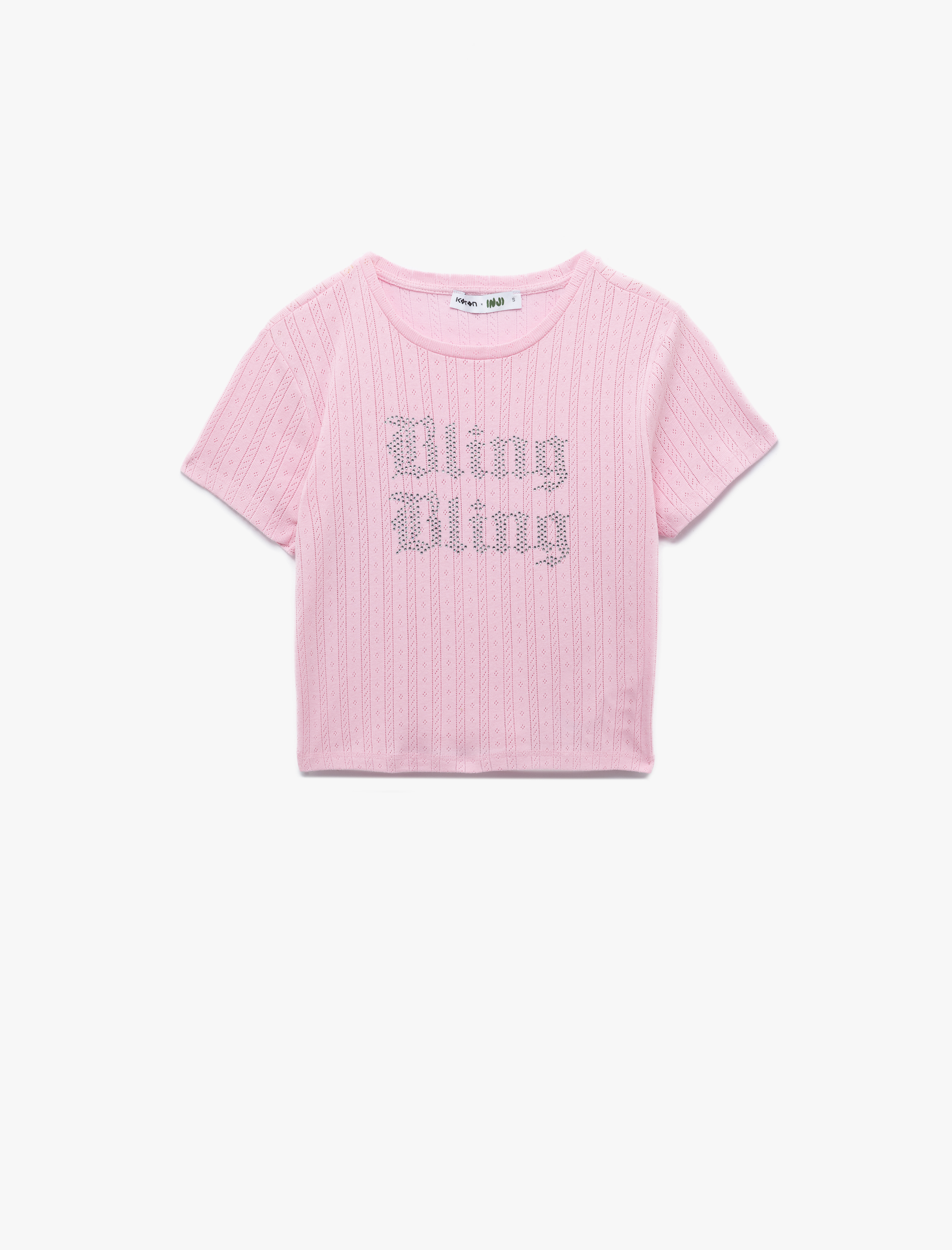   Koton X İnji - Taş Detaylı Bisiklet Yaka Dar Kesim Pamuklu Kısa Kollu Baskılı Tişört