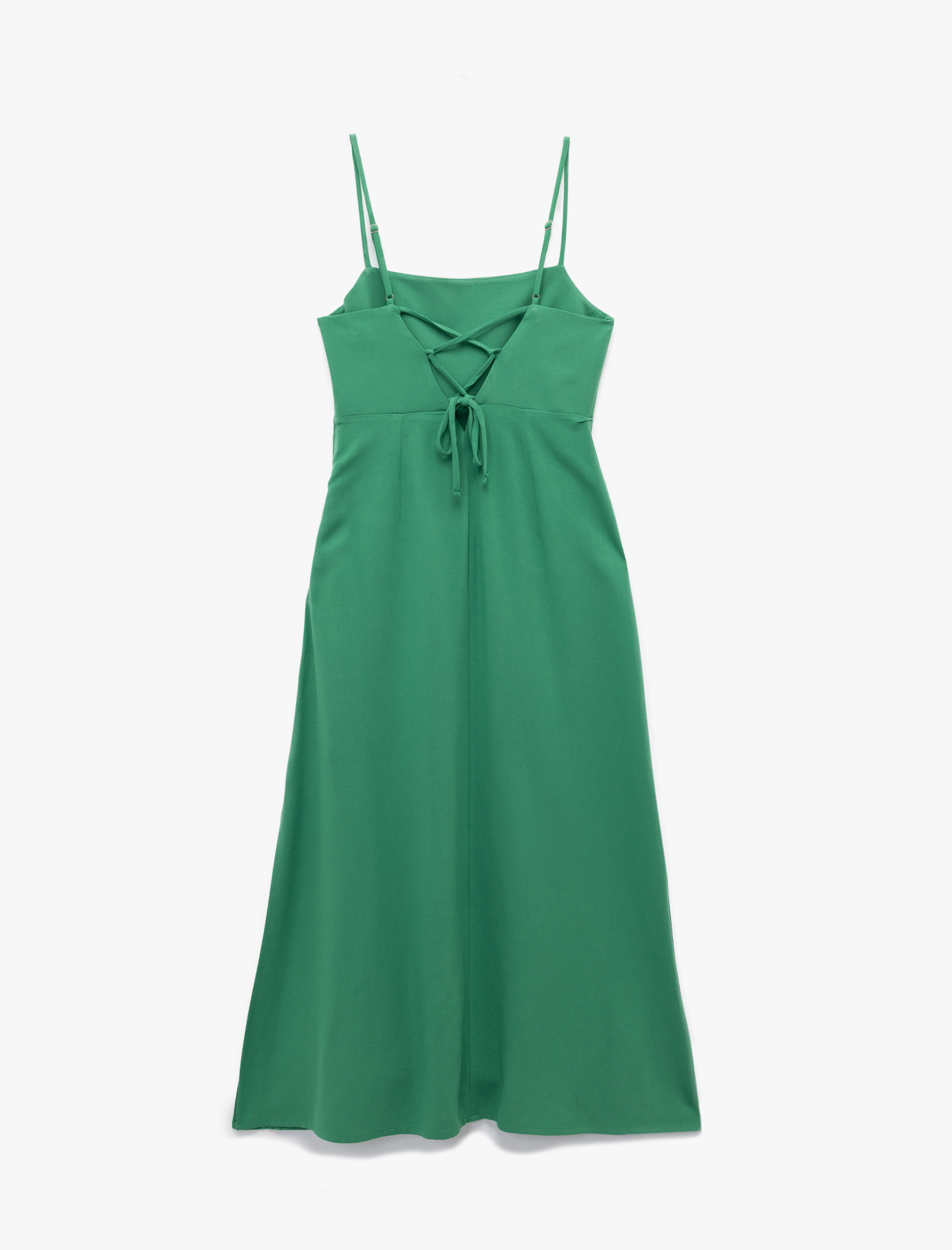   Viskon Keten Karışımlı Kumaş Kolsuz Sırt Dekolteli Midi Boy İnce Askılı Elbise