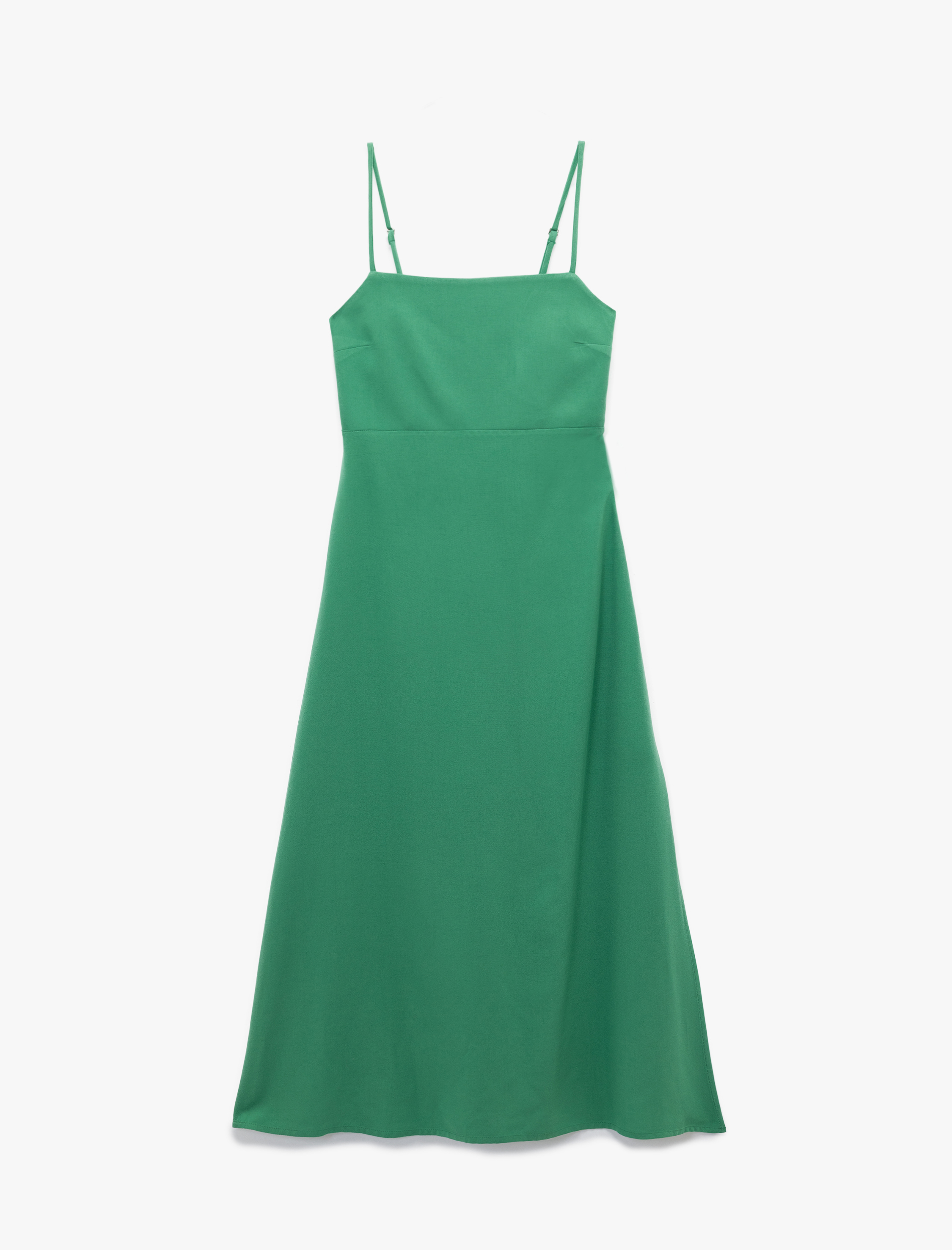   Viskon Keten Karışımlı Kumaş Kolsuz Sırt Dekolteli Midi Boy İnce Askılı Elbise