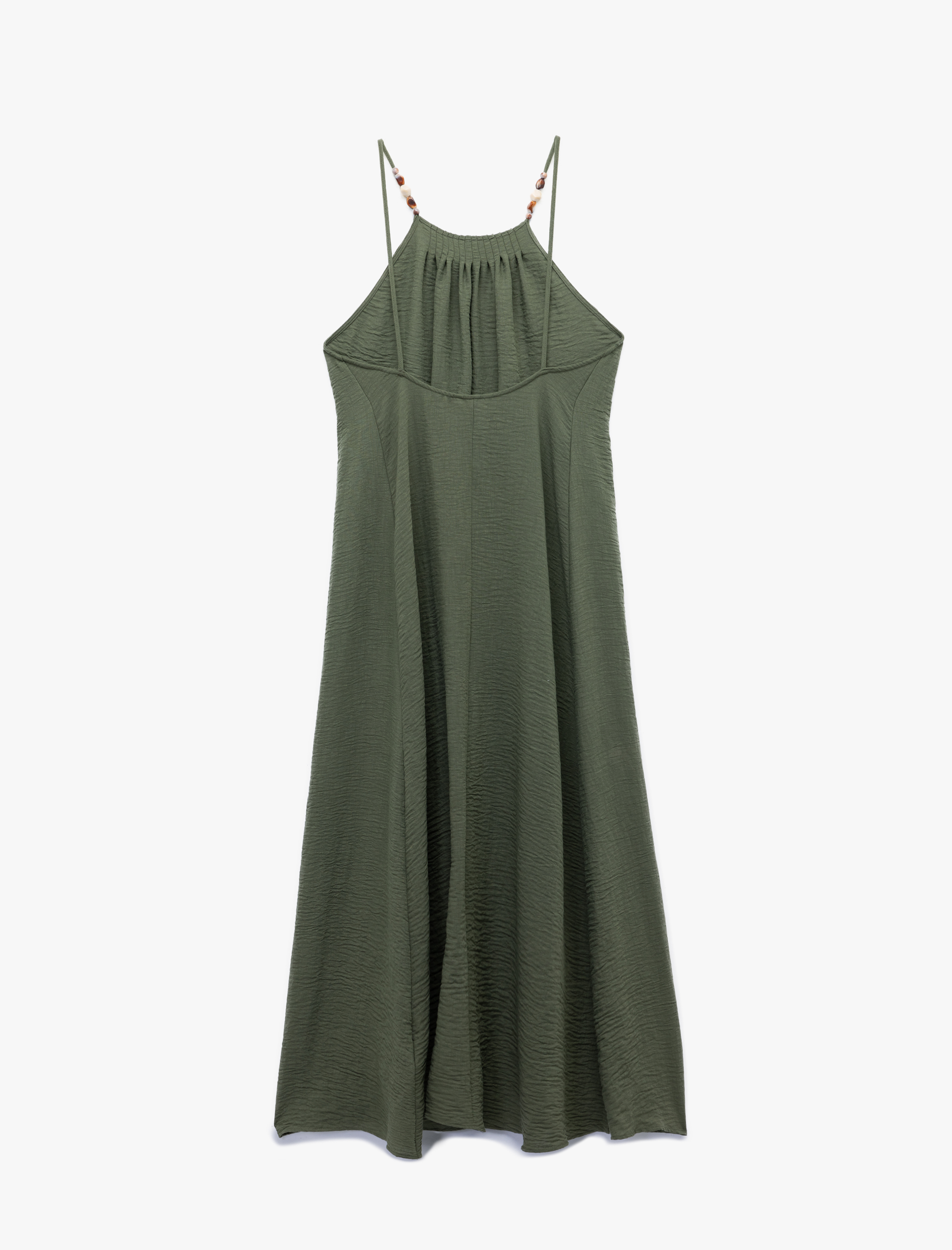   Boncuk Detaylı İnce Askılı Halter Yaka Uzun Plaj Elbisesi