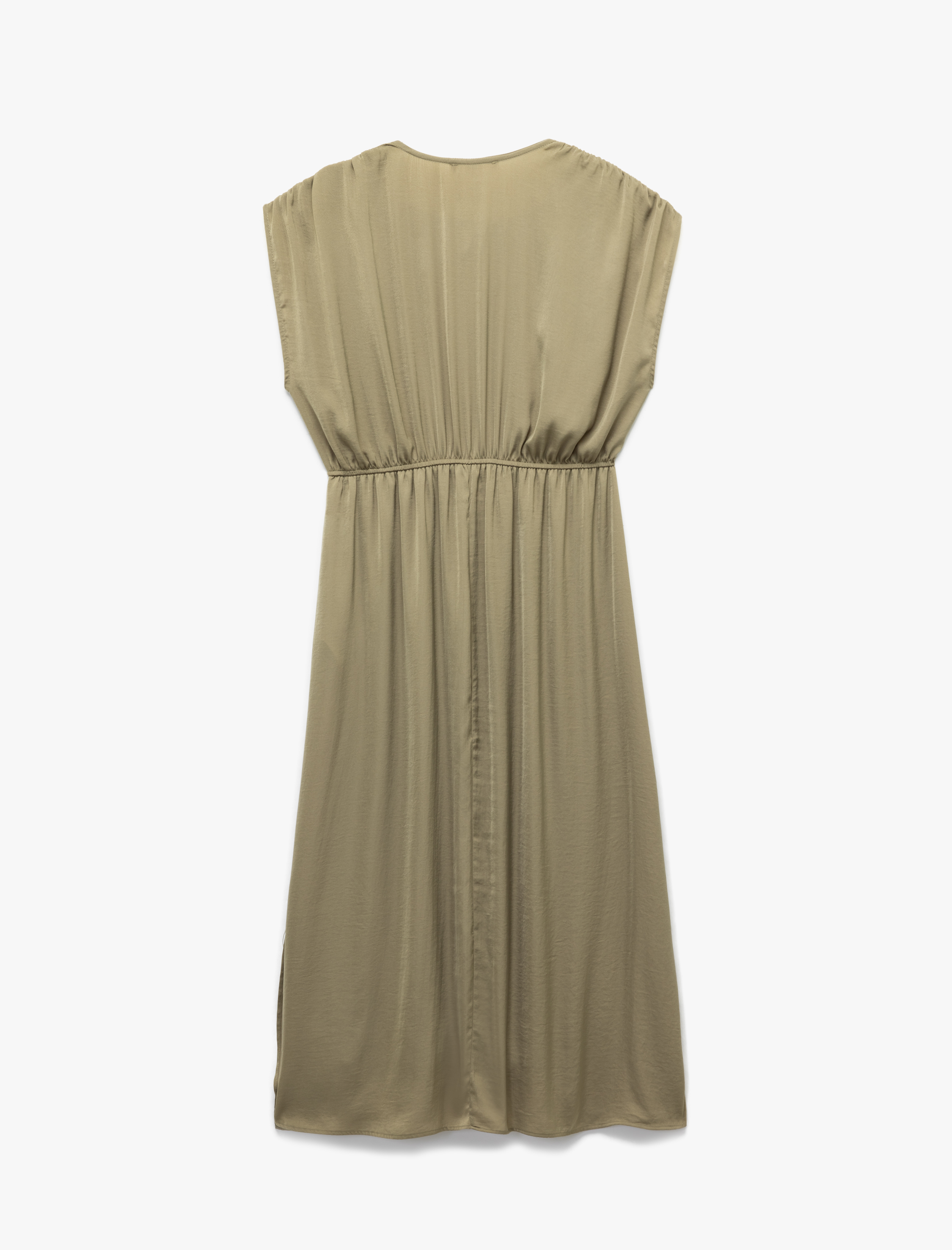   Bağlamalı Yaka Kolsuz Midi Boy Büzgülü Saten Elbise