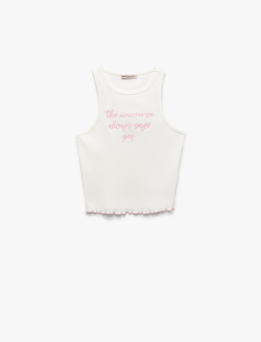   Pamuklu Bisiklet Yaka Nakışlı Crop Atlet Pijama Üstü