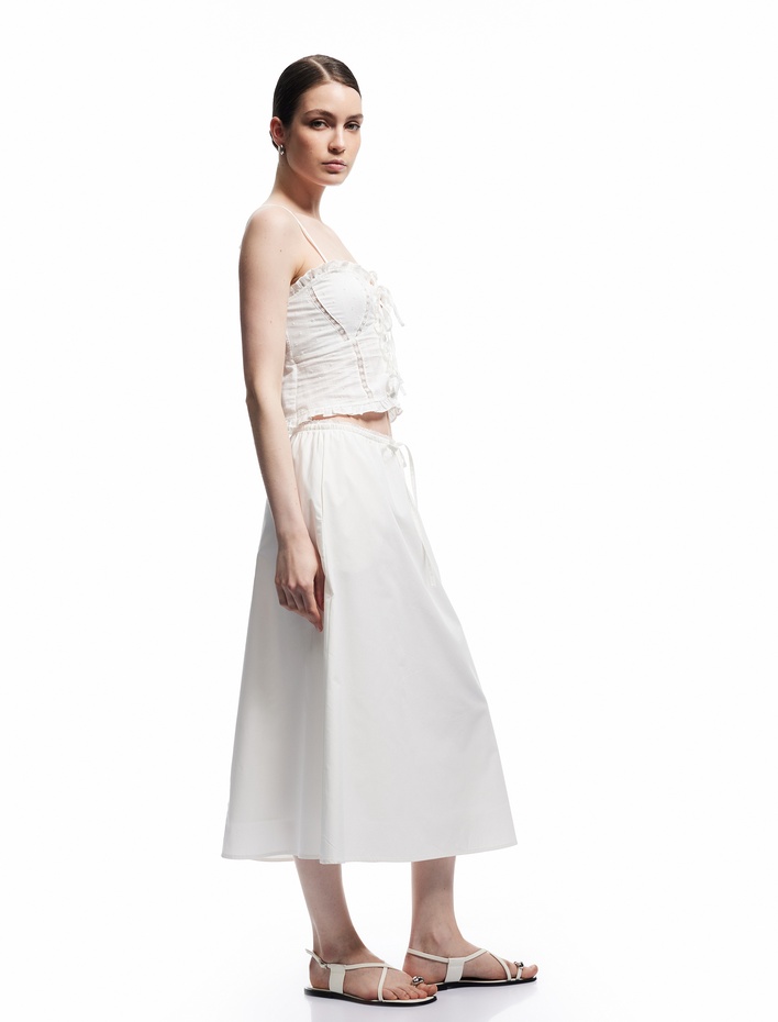  Rahat Kalıp Pamuklu Astarlı Beli Bağlamalı A Kesim Midi Boy Poplin Etek