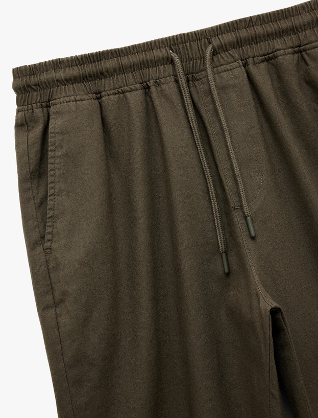 Beli Bağcıklı Cep Detaylı Keten Pamuk Karışımlı Chino Yazlık Pantolon_4