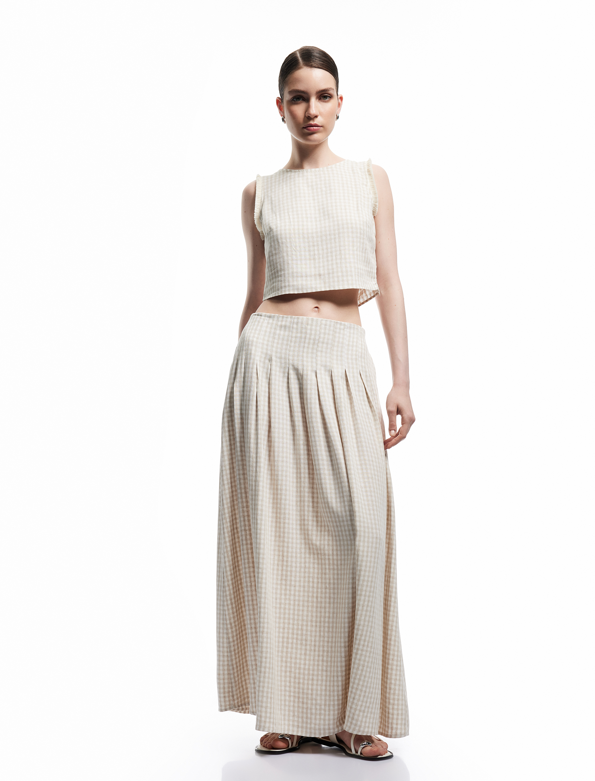   Rahat Kalıp A Kesim Keten Karışımlı Pötikareli Uzun Etek