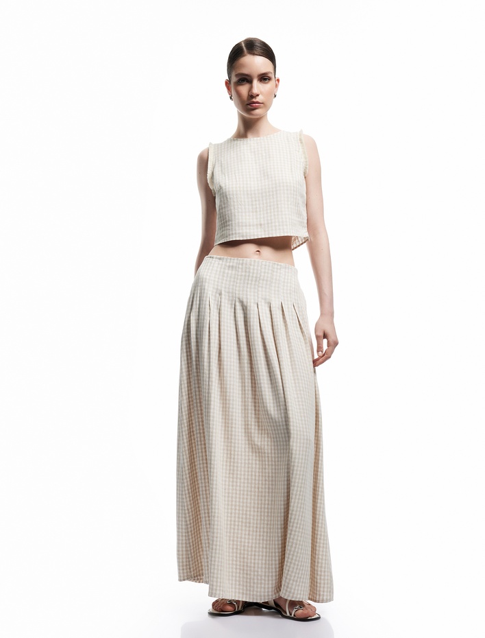  Rahat Kalıp A Kesim Keten Karışımlı Pötikareli Uzun Etek