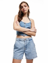 Pamuklu Chino Cepli Rahat Kalıp Düğmeli Mini Denim Şort
