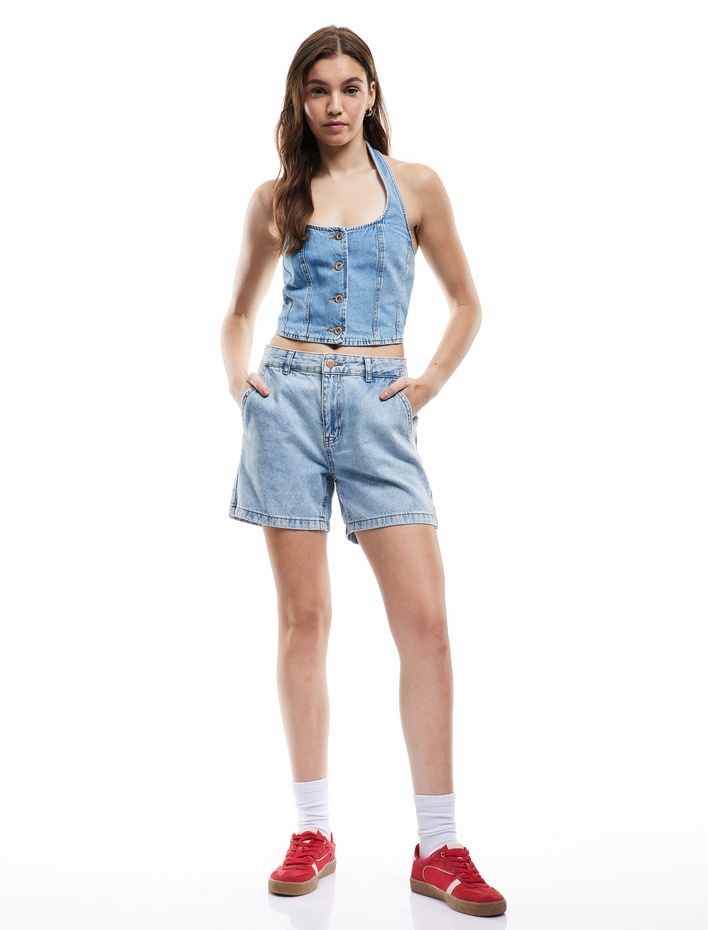  Pamuklu Chino Cepli Rahat Kalıp Düğmeli Mini Denim Şort