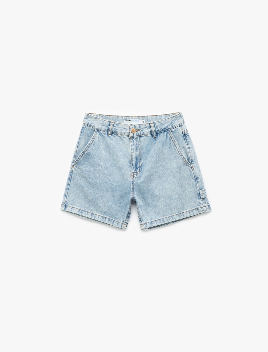   Pamuklu Chino Cepli Rahat Kalıp Düğmeli Mini Denim Şort