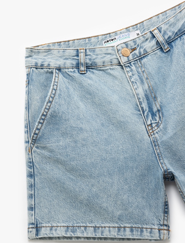 Pamuklu Chino Cepli Rahat Kalıp Düğmeli Mini Denim Şort_5