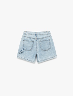 Pamuklu Chino Cepli Rahat Kalıp Düğmeli Mini Denim Şort_4