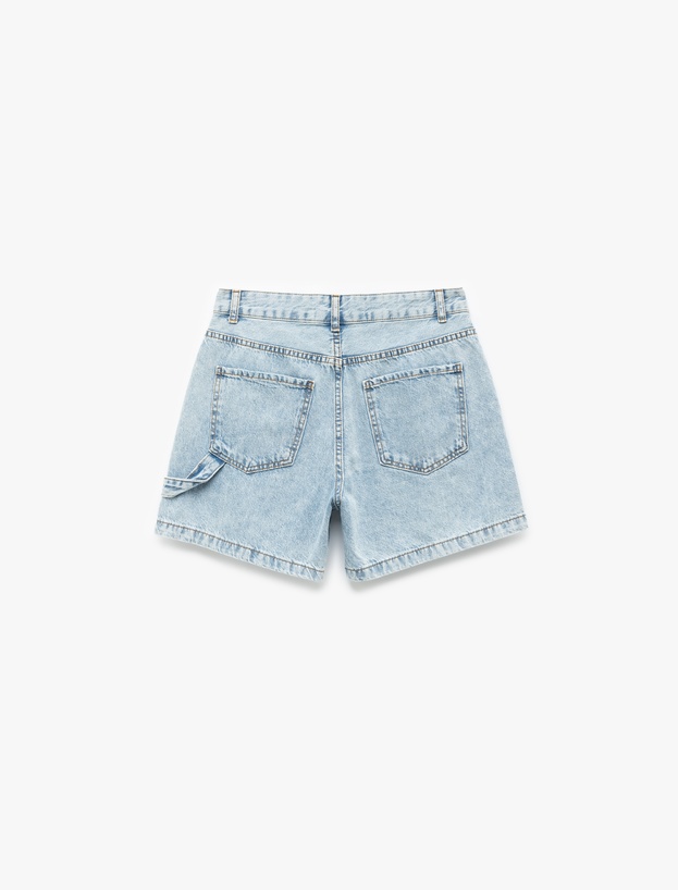 Pamuklu Chino Cepli Rahat Kalıp Düğmeli Mini Denim Şort_4