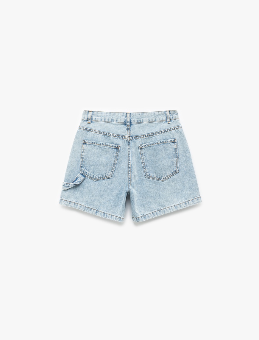   Pamuklu Chino Cepli Rahat Kalıp Düğmeli Mini Denim Şort
