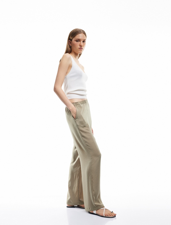  Standart Bel Cepli Uzun Geniş Paça Palazzo Saten Pantolon