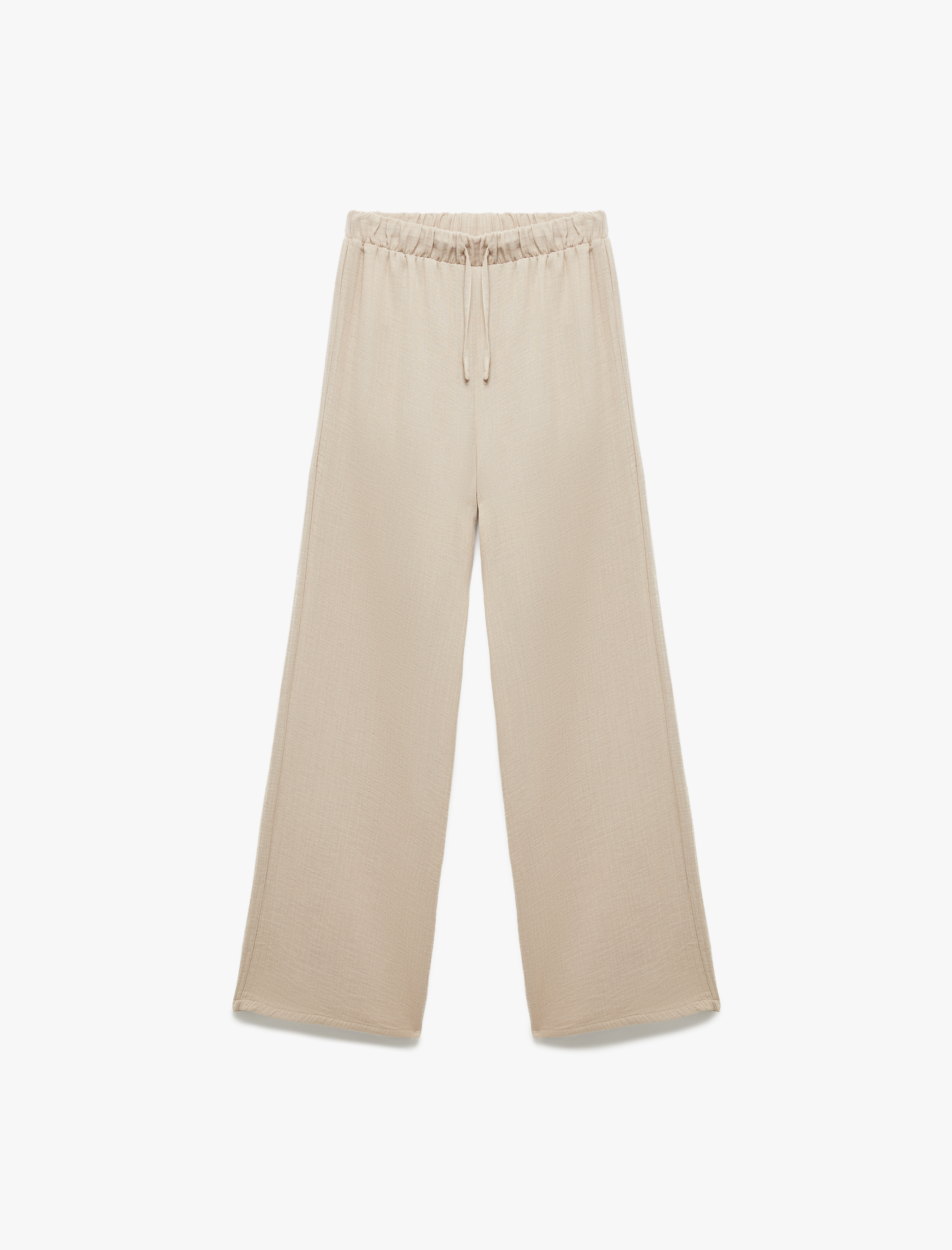 Pamuklu Beli Lastikli Bağlamalı Uzun Müslin Pantolon