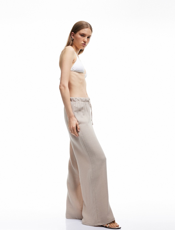  Pamuklu Beli Lastikli Bağlamalı Uzun Müslin Pantolon