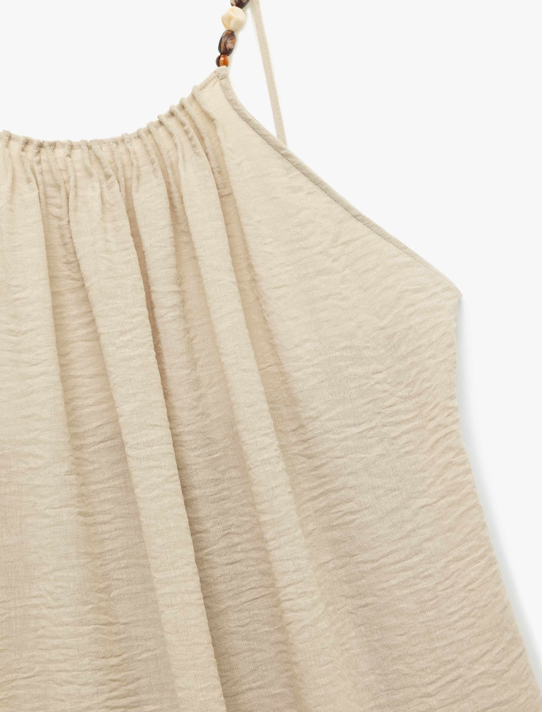   Boncuk Detaylı İnce Askılı Halter Yaka Uzun Plaj Elbisesi