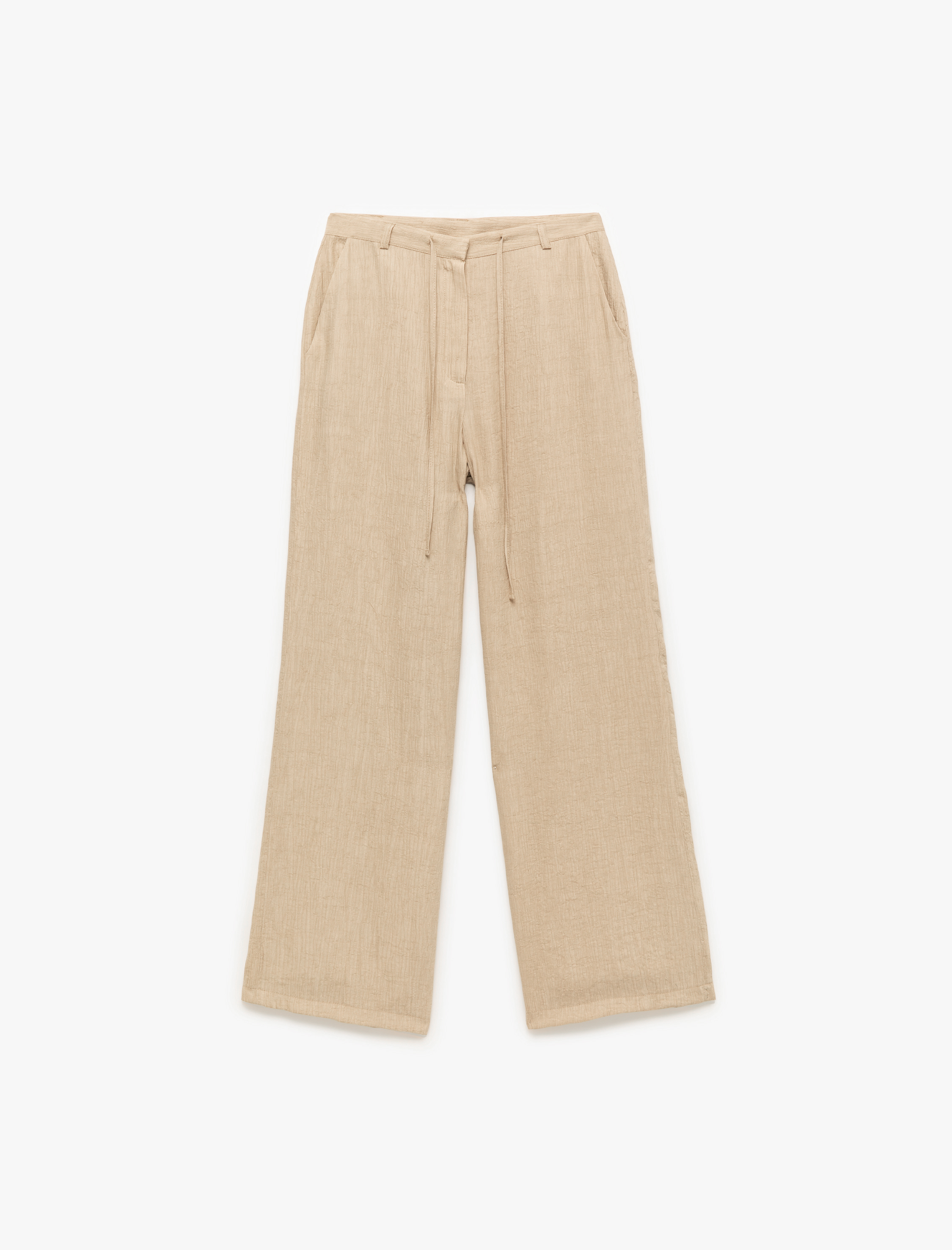   Viskon Karışımlı Beli Bağlamalı Cepli Dokulu Geniş Paça Pantolon