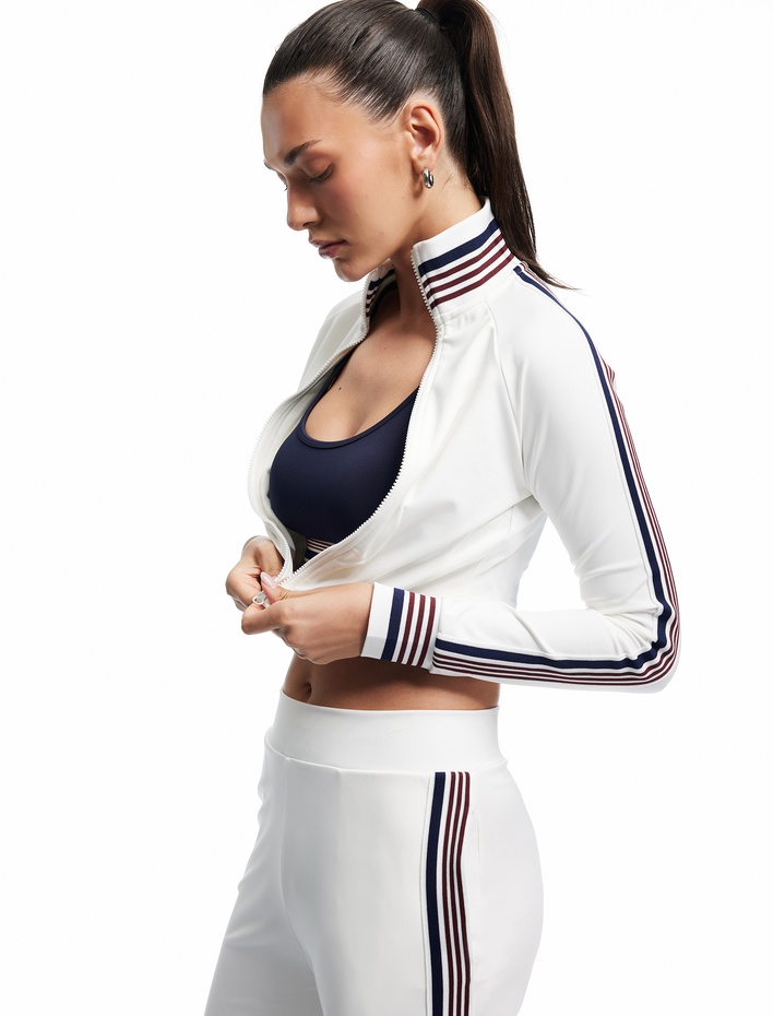  Dik Yaka Çizgili Uzun Kollu Fermuarlı İnterlok Asimetrik Spor Sweatshirt